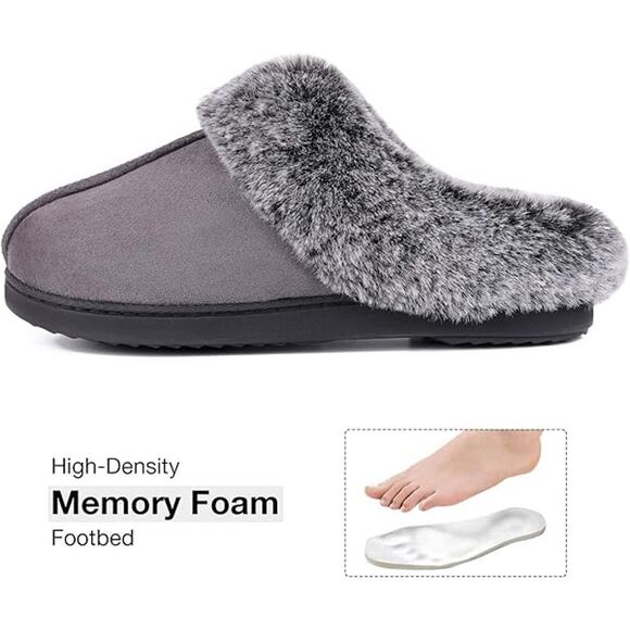 Women's Classic Microsuede Memory Foam Slippers Rubber Sole Faux Fur Collar - Picture 2 of 5